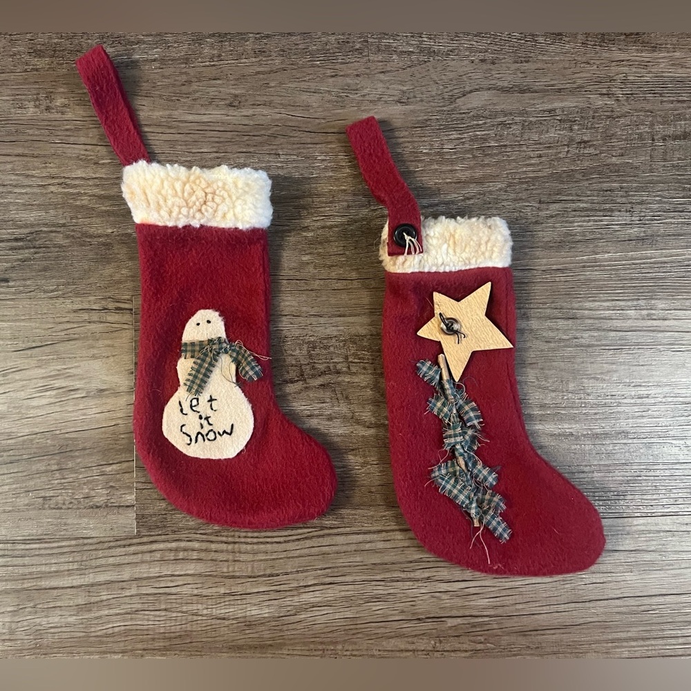 Hand Made Christmas Stockings Rustic Farmhouse Primitive Set Of 2 Redโ